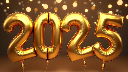 Golden balloons spelling out 2025 against a blurry background of lights, perfect for New Year's Eve celebrations, parties, or social media posts.