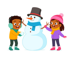 little kid build snowman with friend and feel happy