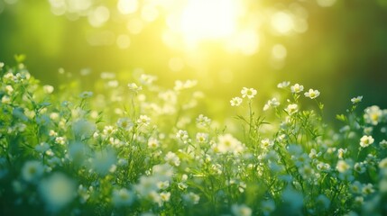 Obraz premium A field of white wildflowers bathed in warm sunlight.