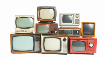 Collection of vintage televisions arranged creatively on a white background