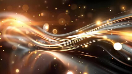 A dynamic abstract design featuring flowing lines and glowing particles in warm hues of gold and orange against a dark background.