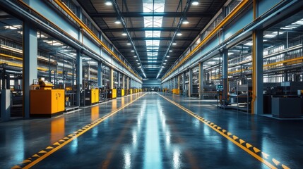 A wide shot of an empty industrial factory floor with yellow lines on the polished concrete floor and machinery in the background.