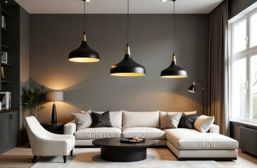 A cozy living room features a stylish sectional, pendant lights, and a round coffee table in warm tones.
