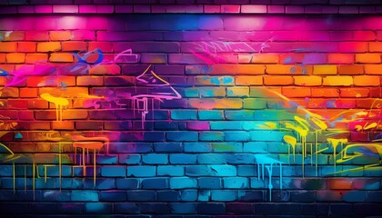 a brick wall covered with graffiti in 90s aesthetics bright colors neon