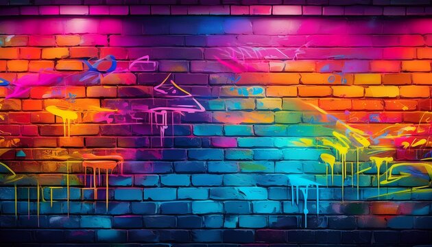 a brick wall covered with graffiti in 90s aesthetics bright colors neon