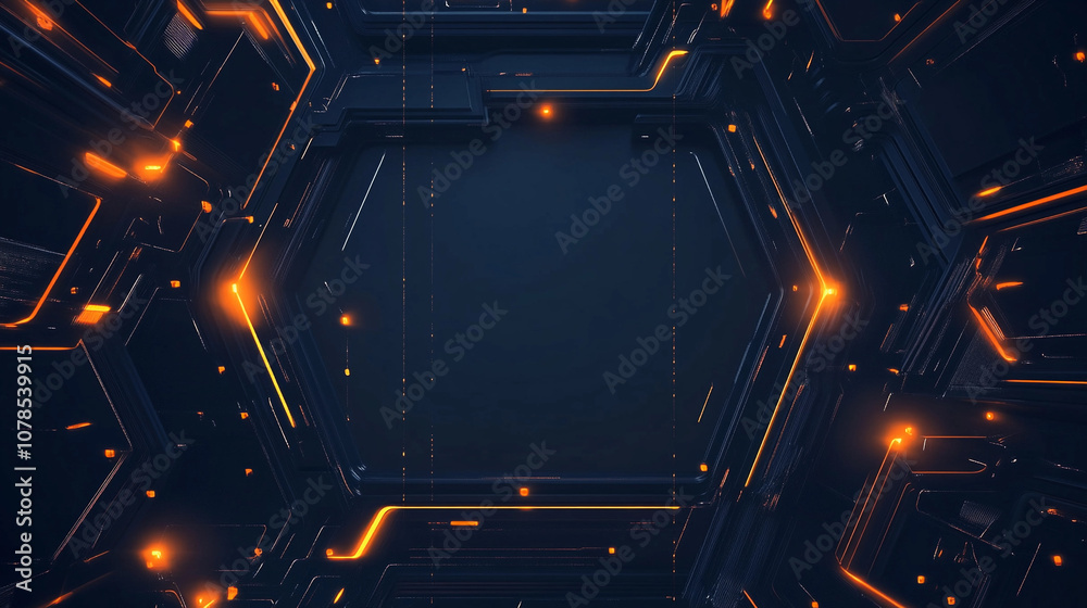 Poster abstract dark hexagonal background with glowing orange lines