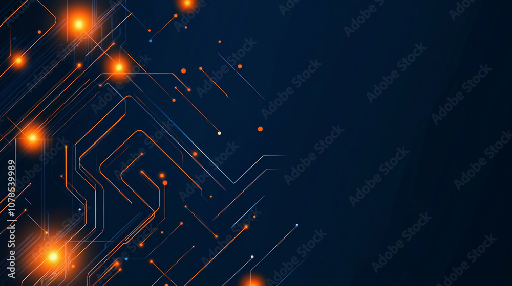 Poster Abstract circuit pattern with glowing orbs on dark background