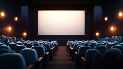 Obraz premium Empty cinema auditorium with rows of blue seats facing a large blank screen, illuminated by warm wall lights and ceiling speakers.