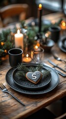 Heart shaped gingerbread cookie decorated with white icing sits on a dark plate with greenery