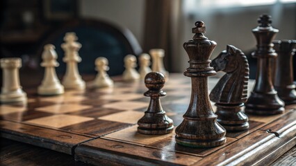 Macro Photography of Intricate Chess Pieces on a Polished Board, Showcasing the Details of Each Piece, Perfect for Chess Enthusiasts and Graphic Designers