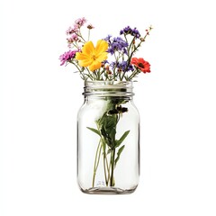 Obraz premium Vibrant wildflowers arranged in a mason jar, bringing a touch of nature indoors.