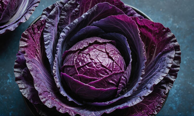 A close-up view of a red cabbage, revealing its layered, purple leaves