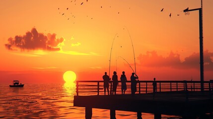 People fishing on a pier at sunset.
