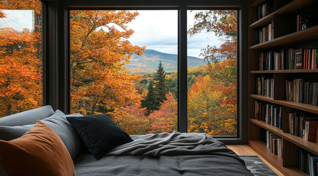A cozy bed with pillows sits next to a large window overlooking a forest in autumn. The leaves are changing color, creating a beautiful scene