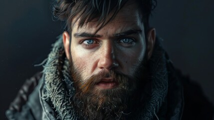 Obraz premium A close-up portrait of a man with a beard and blue eyes.
