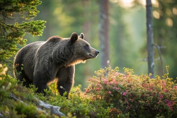 Fototapeta premium Majestic Bear Roaming Near a Lush Shrub in a Natural Setting, Showcasing the Beauty of Wildlife and Nature in an Enchanting Forest Environment