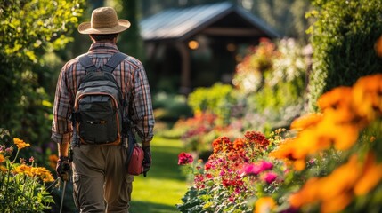 Fototapeta premium Man Walking Through a Flower Garden