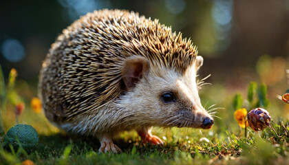 Fototapeta premium A hedgehog walks through a field of wildflowers, its spiky coat catching the light
