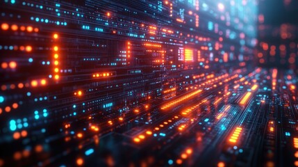 Obraz premium Abstract digital landscape with glowing data streams and circuits.