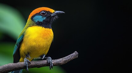 Obraz premium Vibrant bird perched on a branch against a dark background.
