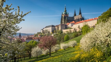 Obraz premium Majestic Green Prague Castle Surrounded by Vibrant Spring Flora and Clear Blue Skies Capturing the Essence of Czech Architecture and Nature's Beauty in a Lush Landscape