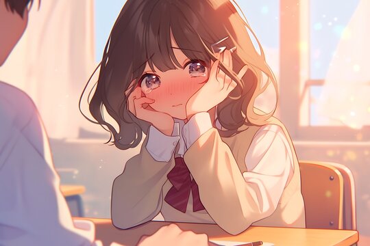 Blushing Anime Girl in Classroom with Window Light