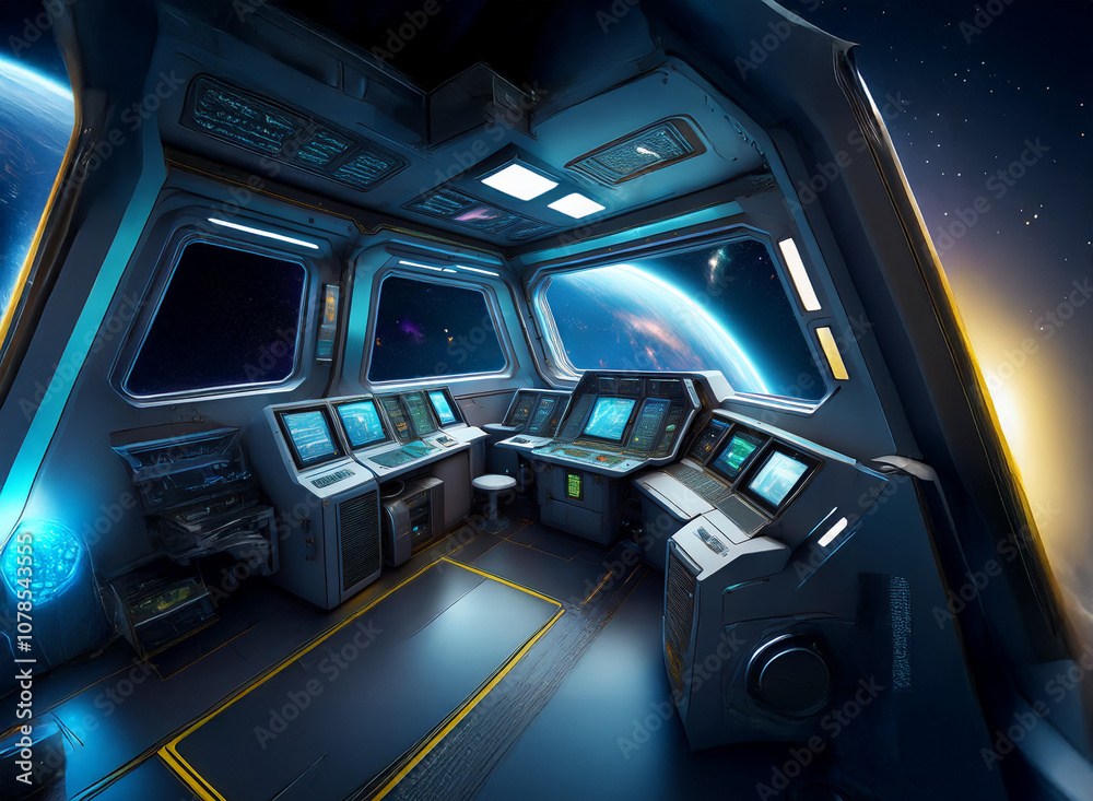 Poster a spaceship cockpit with a view of a blue planet and stars.