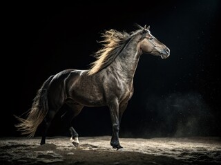 Fototapeta premium Majestic Horse Standing Elegantly on Dark Background Captured by Drone Photography, Showcasing the Beauty and Power of Equestrian Animals in Stunning Detail