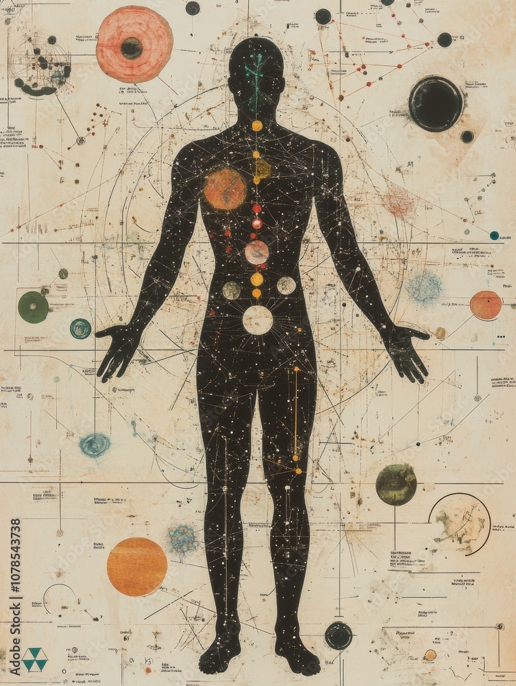 Aufkleber a human silhouette stands prominently amidst various molecules and intricate diagrams, symbolizing t