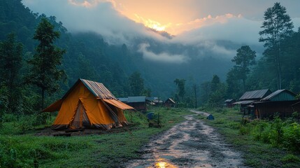 A rustic campsite with tents and cabins nestled amidst a lush green forest, bathed in the warm glow of sunrise.