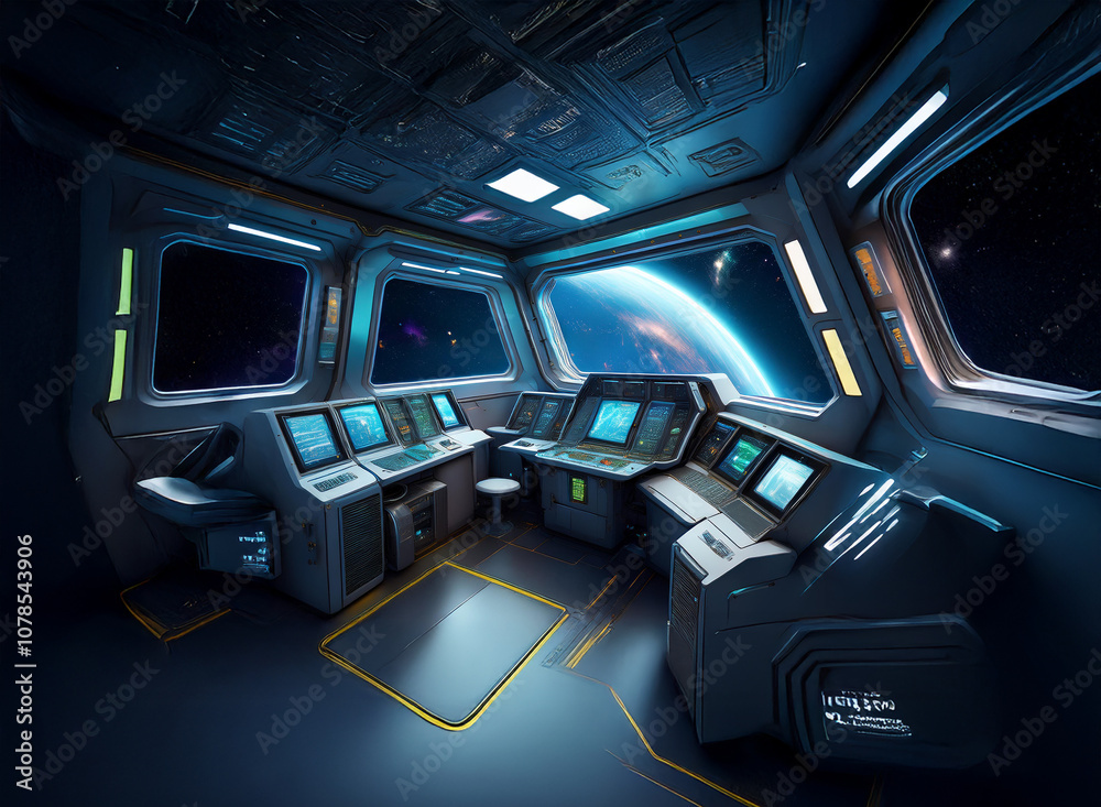 Poster The interior of a futuristic spaceship with a large window overlooking a blue planet and a starry expanse.