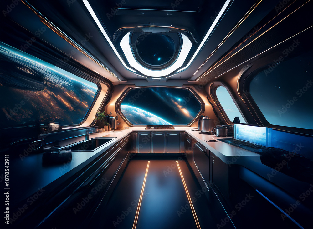 Poster a futuristic spaceship kitchen with large windows overlooking a planet and stars.