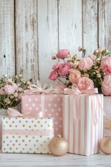 Pink and gold polka dot wrapping paper with pink gift boxes stacked elegantly, tied with ribbons, on a white striped background. Light brown wooden floor with pink ornaments scattered,