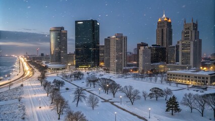 Fototapeta premium Majestic Long Exposure of Downtown Detroit in Winter, Showcasing Snow-Covered Skyscrapers and Twinkling City Lights Against a Starry Night Sky