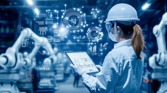 Workers on the modern factory floor use intelligent equipment to control the working scene of the robotic arm