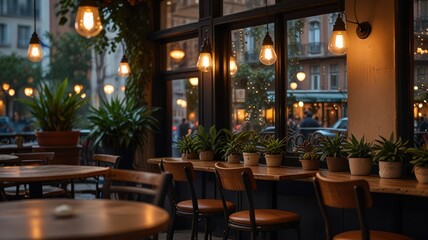 Obraz premium Cozy cafe interior with warm lighting and potted plants.