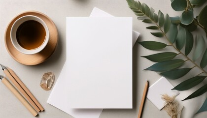 white invitation card mockup with workspace accessories 5x7 ratio similar to a6 a5