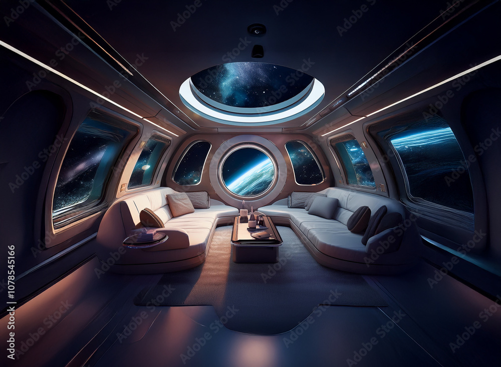 Poster a futuristic spaceship interior with a large viewport showcasing earth and the stars. the space is f