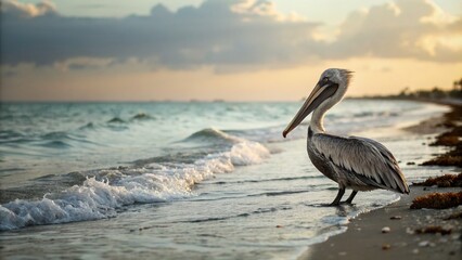 Majestic Pelican by the Shore: A Serene Encounter with Nature's Beauty, Featuring Tilt-Shift Photography to Highlight Wildlife and Ocean Tranquility in a Dreamlike Scene