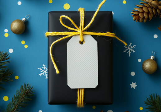 Price Tag Mockup With Gift Box, Yellow String and Christmas Style