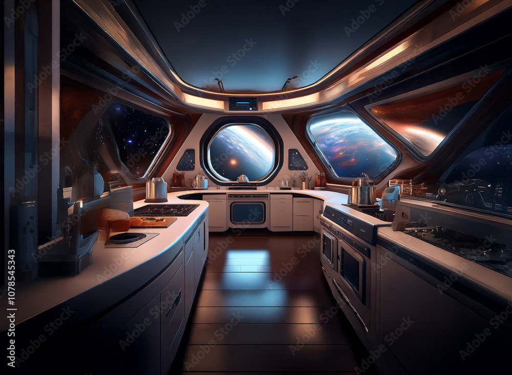 Poster a modern kitchen with a futuristic design features large windows overlooking a distant planet.