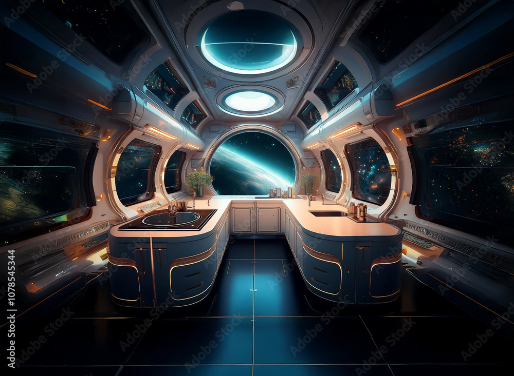 Poster futuristic kitchen with large windows overlooking a distant planet and a starry sky.