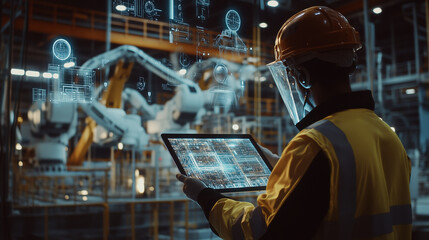 Workers on the modern factory floor use intelligent equipment to control the working scene of the robotic arm