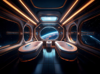 Fototapeta premium A futuristic bathroom with two bathtubs, a toilet, and a view of Earth from a large window.