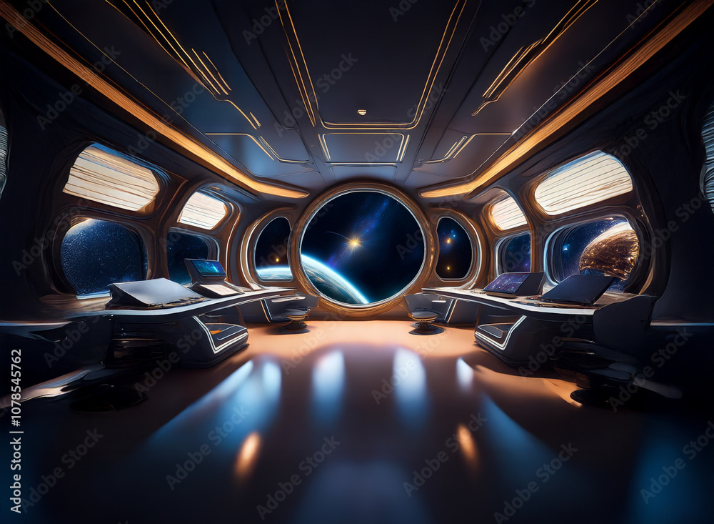 Poster A futuristic spaceship interior with large windows overlooking a distant planet and a vast expanse of stars.