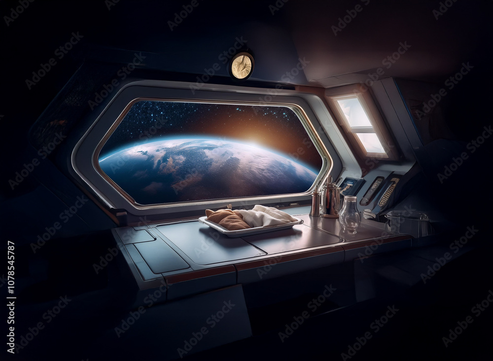 Poster A spaceship interior with a view of Earth through the window, featuring a meal tray and a clock on the wall.