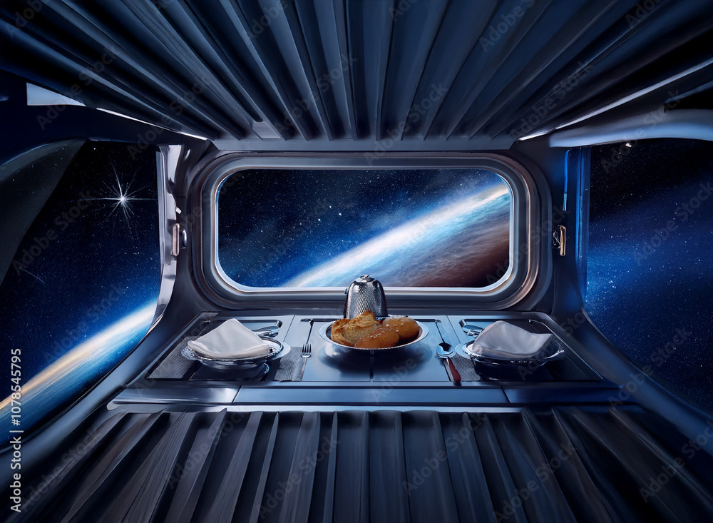 Aufkleber a view of earth from a spaceship kitchen window with a coffee pot and breakfast prepared on the coun