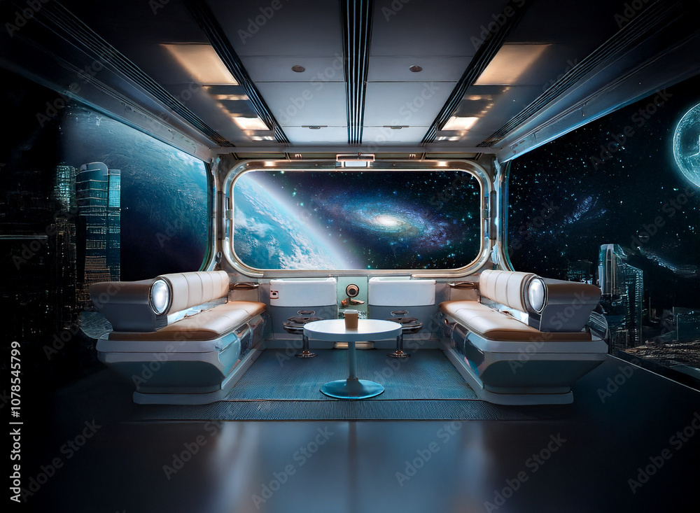 Poster A futuristic lounge inside a spaceship with a large window showcasing a planet and stars.