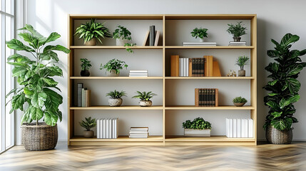 3D Render of Wooden Bookshelf with Plants