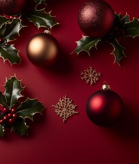 Christmas decorations with red and gold ornaments on a red background, featuring Christmas balls, snowflakes, and holly leaves. Red color scheme with high-resolution, detailed product photography.